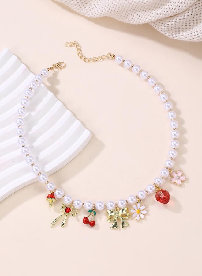 Take Two Faux Pearl Necklace with Fruit and Floral Charms - Image 2